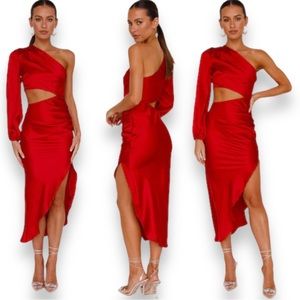 Hello Molly Secret Weapon Red One Shoulder Cutout Satin Midi Dress Sz 8/M